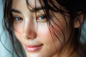 AI generated Close-Up Portrait of a Young Woman With Water Droplets on Her Face and Windblown Hair photo