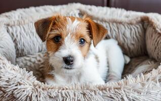 ai generado adorable Jack Russell terrier perrito descansando en un acogedor perro cama adentro foto