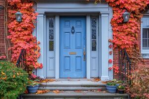 AI generated Elegant Blue Entrance Door of a Traditional Home on a Sunny Afternoon photo