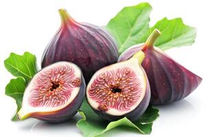 AI generated Fresh Purple Figs Halved and Whole With Green Leaves on White Background photo