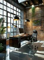 AI generated Contemporary Office Space With Sunlight Streaming Through Large Windows in an Urban Loft photo