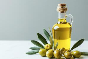 AI generated Olive Oil Bottle Surrounded by Fresh Olives and Green Leaves on a Clean White Background photo