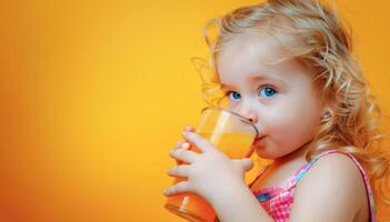 ai generado joven niña con Rizado pelo Bebiendo naranja jugo en contra un vibrante naranja antecedentes foto