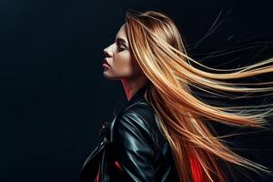 AI generated Side Profile of a Young Woman With Flowing Hair Against a Dark Background photo