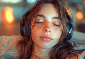 AI generated Close-Up Portrait of a Young Woman With Freckles and Blue Eyes Wearing Headphones photo