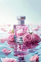 ai generado elegante perfume botella rodeado por rosado rosas y pétalos en un reflexivo superficie foto