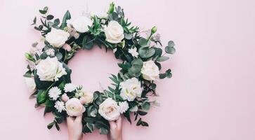 ai generado mujer elaboración un temática de primavera floral guirnalda con Pascua de Resurrección decoraciones foto