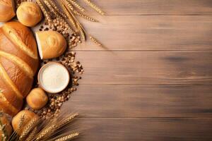 AI generated Baked bread with wheats on wooden plank table background photo