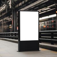 AI generated Blank black mupi billboard mockup on railway station background photo