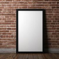 AI generated Empty photo frame mockup on brick wall with wooden floor