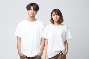 AI generated Young asian couple in blank white t-shirt mockup photo