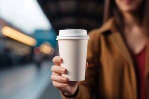 AI generated Close up of woman hand holding white coffee cup mockup on railway station background photo