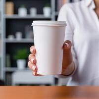 AI generated Woman hand holding blank white coffee cup for mockup photo