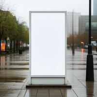 AI generated Blank mupi billboard mockup on outdoor street background with rainy weather photo