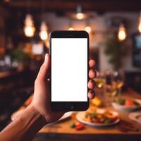 AI generated Hand holding blank screen smartphone on blurred dining table background photo