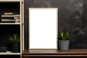 AI generated Empty wooden photo frame mockup with plant and bookshelf on table