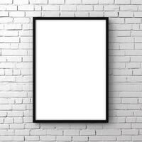 AI generated Empty photo frame mockup hanging on white brick wall background