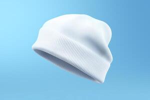 AI generated Floating beanie hat on blue sky background photo