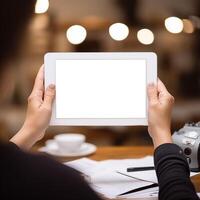 AI generated Woman hands holding blank white screen tablet mockup on office background photo