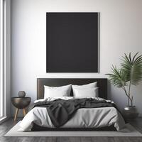 AI generated Empty photo frame on white wall in modern minimalist bedroom