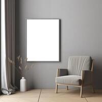 AI generated Empty photo frame mockup hanging on gray wall with armchair and flowerpot