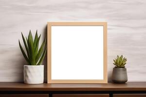 AI generated Empty wooden frame mockup with plant on wooden table photo
