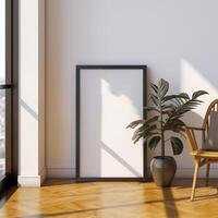 AI generated Empty photo frame mockup on wooden floor with plant and wooden chair