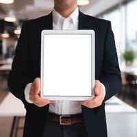 AI generated Businessman showing tablet with blank screen for mockup photo