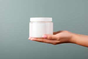 AI generated Woman hand holding cosmetic jar mockup photo