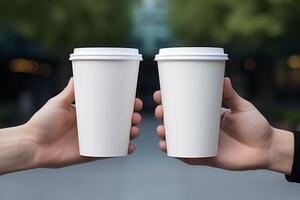 AI generated Hands holding coffee cup mockup on blurred outdoor background photo