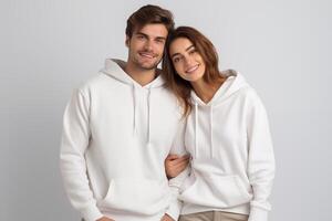 AI generated Young romantic couple in white hoodie for mockup, front view photo