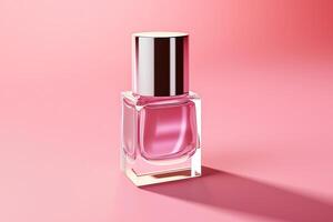 AI generated Glass nail polish bottle on pink background photo