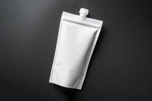 AI generated Spout pouch mockup flat lay on black background photo