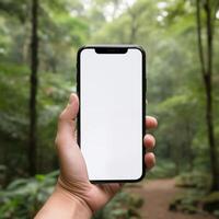 ai generado mano participación blanco pantalla teléfono inteligente Bosquejo en naturaleza bosque antecedentes foto