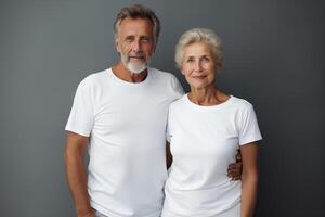 AI generated Elderly couple in blank white t-shirt on dark gray background for mockup photo