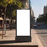 AI generated Blank billboard mockup on sidewalk with building and city road background photo