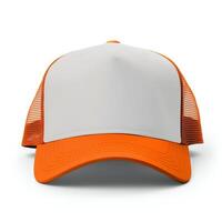 AI generated Orange and white trucker hat mockup, Front view photo