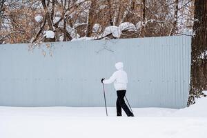 un mujer en un blanco esquí traje camina mediante el parque con postes nórdico caminando en el bosque en invierno. activo Días festivos en ninguna temporada de el año foto