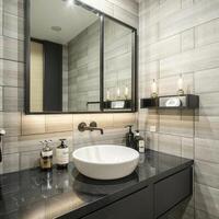 AI generated Interior of bathroom with sink basin faucet and mirror. Modern design of bathroom photo