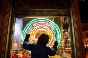 Silhouette of a child against a background of colored rings. Night photo at the shop window. Art photography.