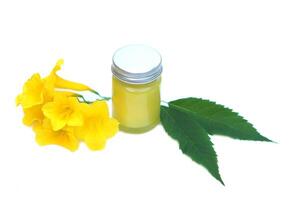 Bottle of homemade Thai herbal ointment, balm.Decorated with yellow flower.Concept, Thai local wisdom to use fragrant medicinal herbs to make inhaler and massage balm. photo