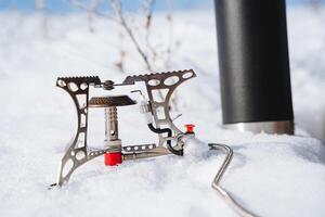 Close-up gas burner, camping equipment for cooking on a hike, photo