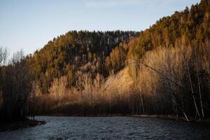 Dawn on the river, the sun illuminated the forest, the mountain river, the relief of the Ural Mountains, Bashkortostan, the nature of Russia, the landscape of the morning, the spring flood. photo