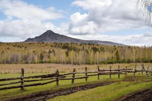 High mountain old volcano, nature of Bashkortostan, Mount Arvyakryaz, spring forest, landscape of Russia Ural, clouds of white color float across the sky, nature photo