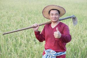 Asian man farmer carry a hoe on shoulder at paddy field. Concept, agriculture, organic farming. No chemical. Using traditional manual tool in stead of use herbicide. Zero pollution. photo