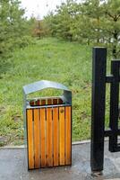 el concepto de basura colección en ciudad parques, un basura lata para residuos soportes en el acera, el diseño de el basura poder, cuidado para el ambiente en el ciudad. foto