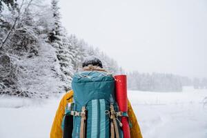 close shot of hiking backpack on the back of the traveler. Snowy forest and rocks. Climbing the mountain in winter. Survival in the wild. photo