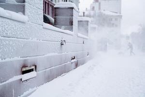tormenta de nieve en el calles de el ciudad. un fuerte viento con nieve golpes transeúntes apagado su pies. congelado paredes escarcha en el pared de el casa. foto