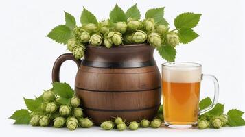 AI generated Beer Jug With Hops Herbs And Hop Flower. AI Generated photo