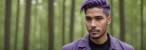 ai generado tiro medio retrato foto de un pensativo hermoso masculino modelo con un púrpura pelo aislado en un bosque verde antecedentes con Copiar espacio bandera modelo. ai generado